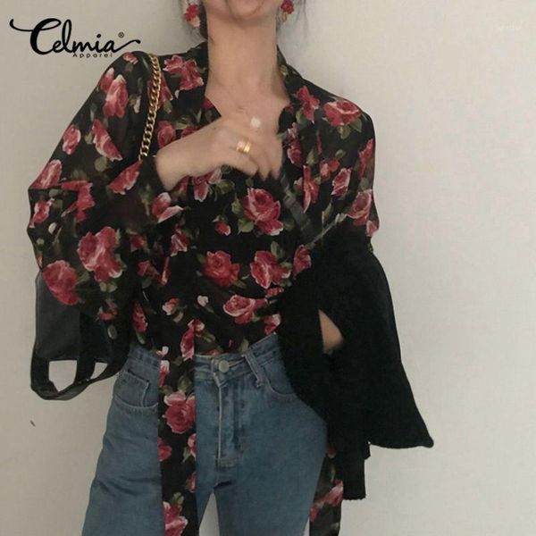 

celmia women's blouses 2020 fashion bow tie lantern sleeve see-through chic floral print chiffon shirts office blusas1, White