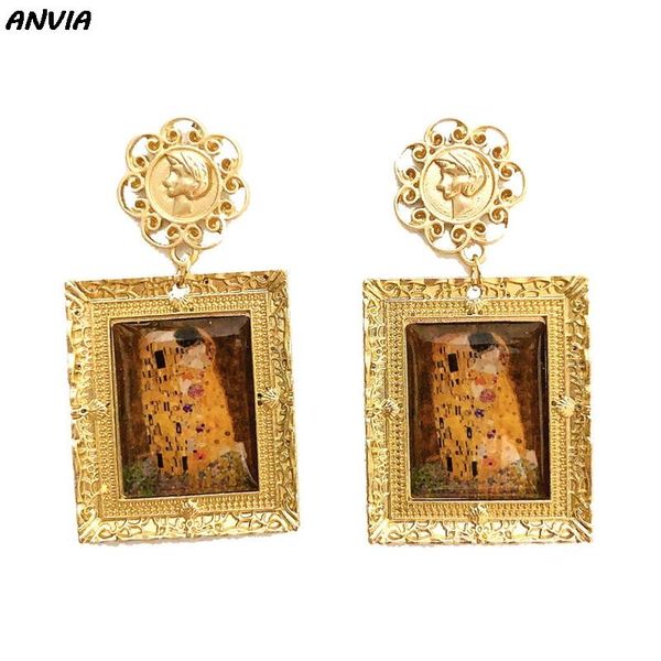 

gogh oil painting art earrings baroque goddess women girls portrait drop earrings big alloy geometric accessories gifts, Silver