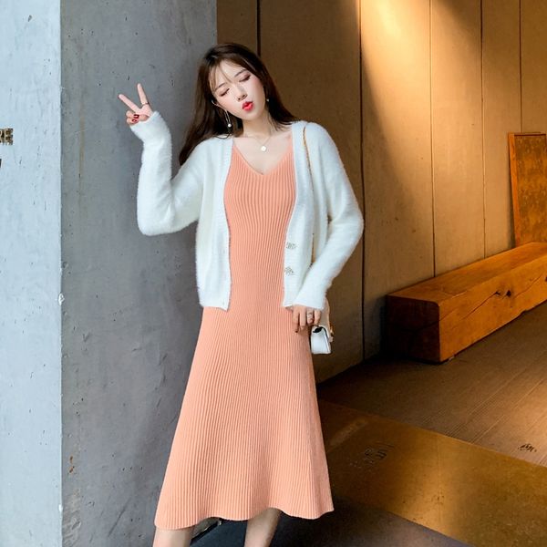 

2020 new spring and autumn winter mink like sweater knitted cardigan bottomed knitted suspender suspender skirtsling sling skirt skirt two p, Gray