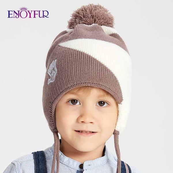 

enjoyfur мальчики real fox fur помпонных шляпы для зимнего warm геометрической хлопок детей шапочка толстых вязаных ушей мальчики cap y20102, Blue;gray