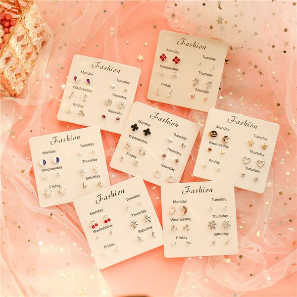 

factory cardholder wish multi-explosive all-match one week earring set female week combination leaf zircon earrings korean jewelry set, Golden;silver