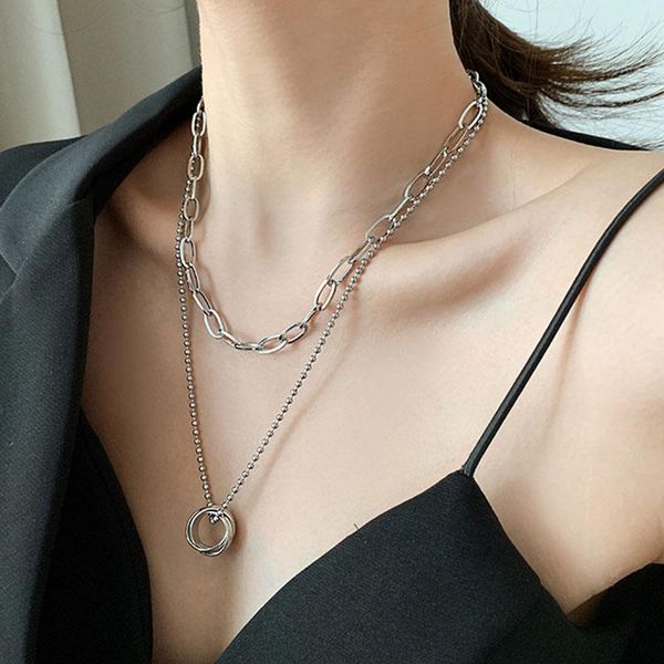 

chains 925 sterling silver double layer circle necklace for women men geometric handmade punk style jewelry s-n213