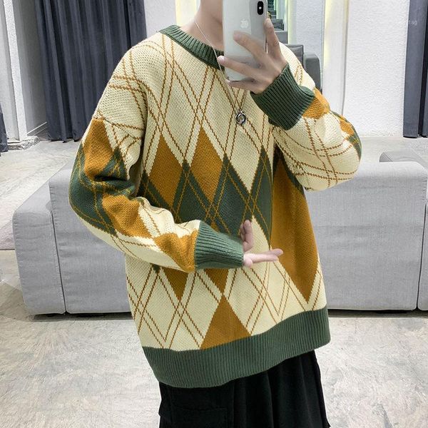 

winter plaid sweater men's warmth fashion retro casual knitted pullover men wild loose korean clothes mens knitting sweaters1, White;black