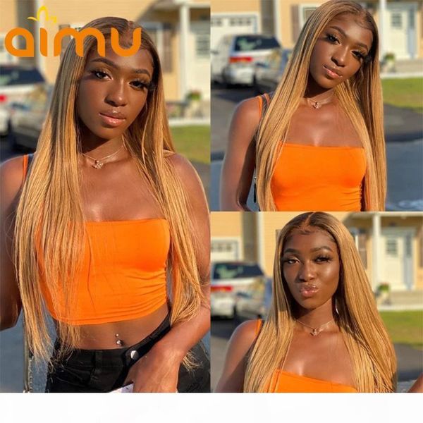 

ombre blonde lace front human hair wigs straight braizilian remy hair pre plucked t4 27 honey blonde 150% deep part lace wig, Black;brown