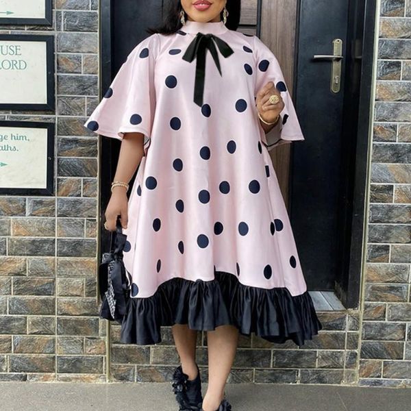 

women pink dress polka dot with bowtie lovely loose princess party ruffles patchwork short sleeve african female cute vestidos, Black;gray