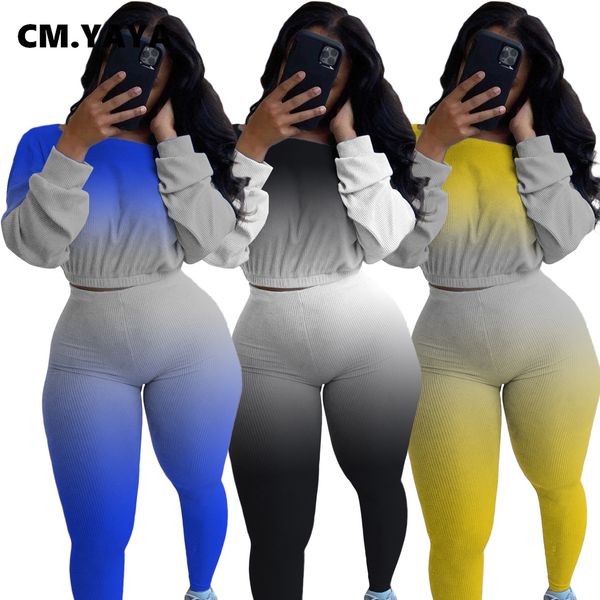

набор cm.yaya ребристой sweatsuit gradient трикотажной женский разрез шея top леггинсы брюки установить активное tracksuit двухкусочного фит, Gray