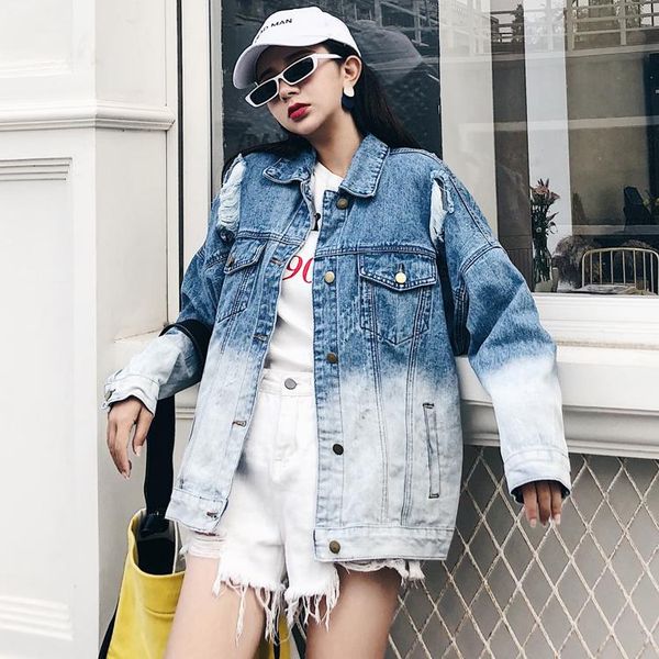 

women's jackets autumn korea frayed gradient color denim jacket women vintage long sleeve hole jean casual coat surcoats, Black;brown