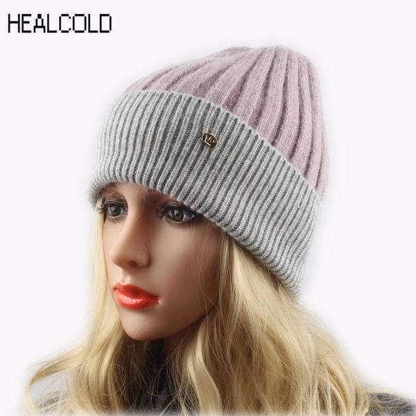 

patchwork knitted skullies beanies ladies warm soft cashmere wool beanie cap spring winter hats for women y200102, Blue;gray