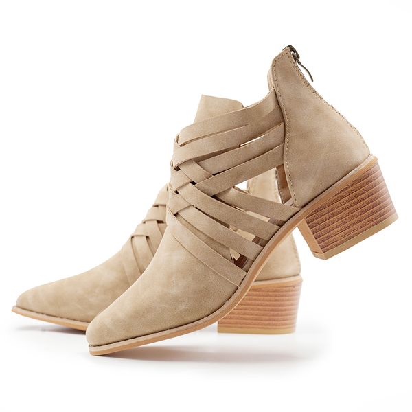 

women strappy ankle boots fashion block low heels pointed toe hollow cut out short boots casual criss cross zipper booties lady y200723, Black