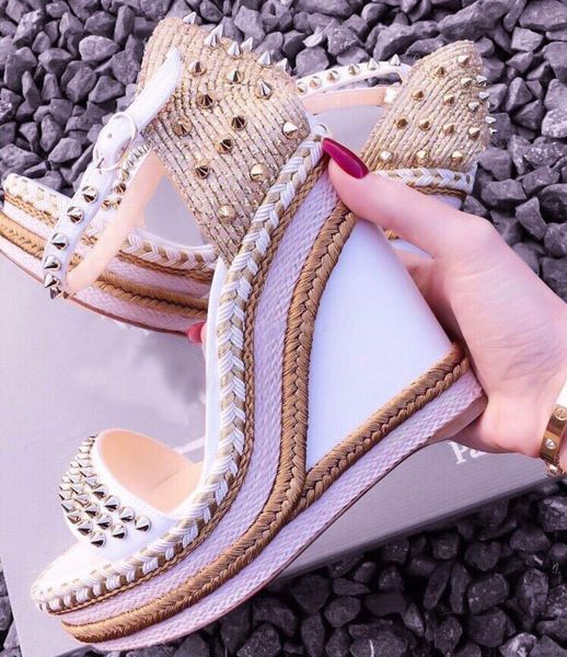 

elgant designer red bottom madmonica braided rope wedge ankle strap spikes gladiator sandals ladies summer sandals high heels eu35-42, Black