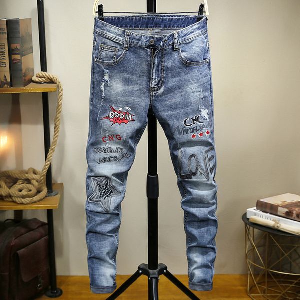 

2y spring and autumn europe and the united states new style paint embroidered small leggings personalized hole slim mens jeans, Blue