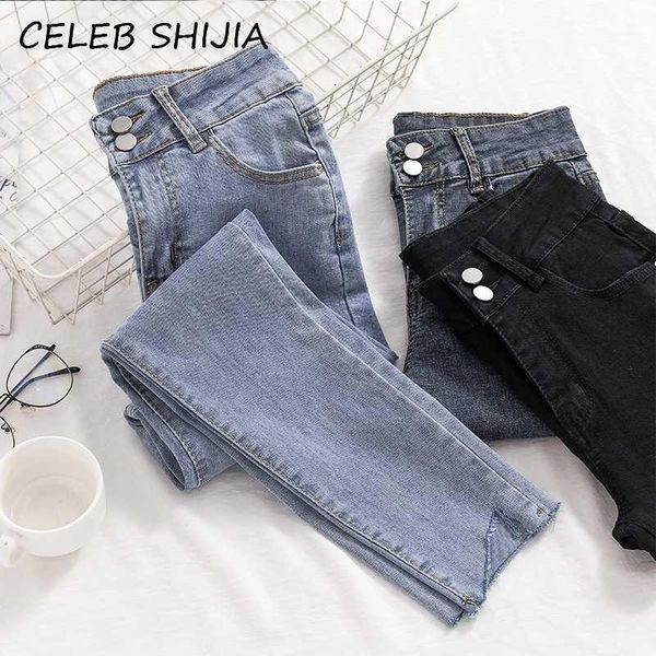 

shijia high waist skinny jeans woman light blue elastic casual denim pencil pants woman mon double button jean female korean1