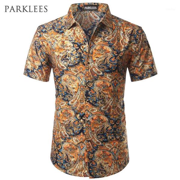 

paisley floral shirt men 2017 summer brand mens dress shirts gold velvet flower print chemise homme casual slim fit silk shirts1, White;black
