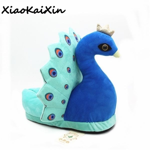 

3d animal style winter warm short plush indoor floor home slipper cute beautiful peacock slippers xkx128 y201026, Black