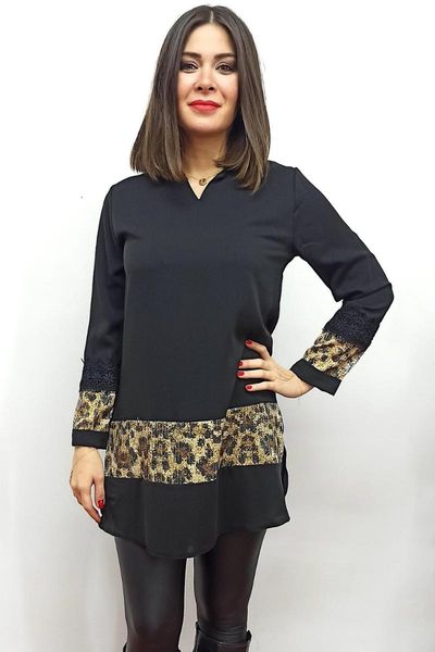 

women black blouse leopard pul sequined block v-neck long sleeve female tunic, White