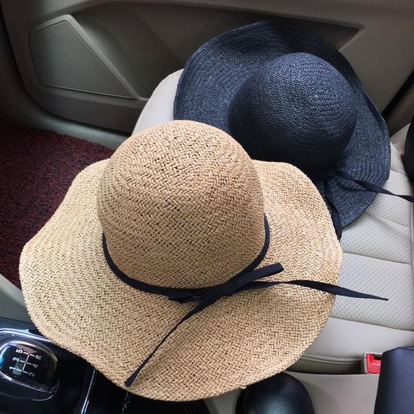 

wide brim hats ht1694 straw hat fashion women summer elegant solid packable beach sun ladies ribbon bow panama floppy, Blue;gray