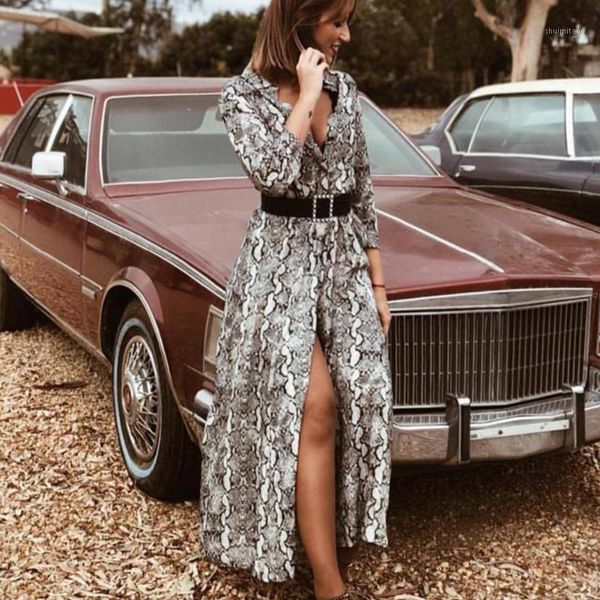 

split women dress waist belt fashion long sleeve party maxi v neck slim beach snake skin print gifts holiday1, Black;gray