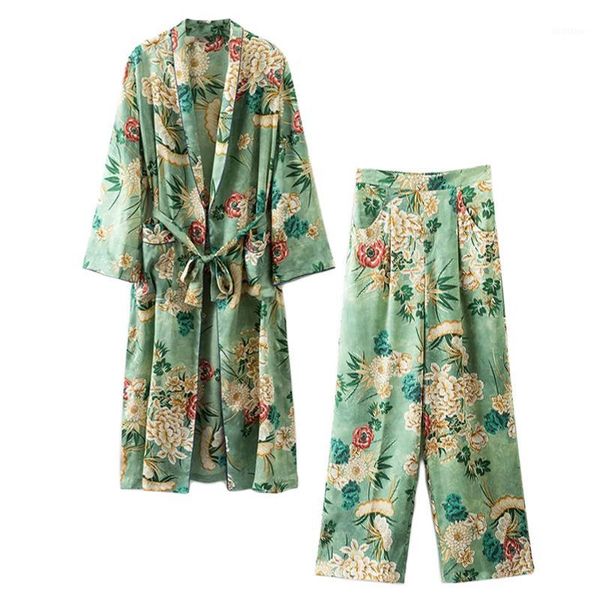 

set female 2018 summer new japanese temperament fashion long kimono + high waist wide leg pants elegant thin suit1, Black;red