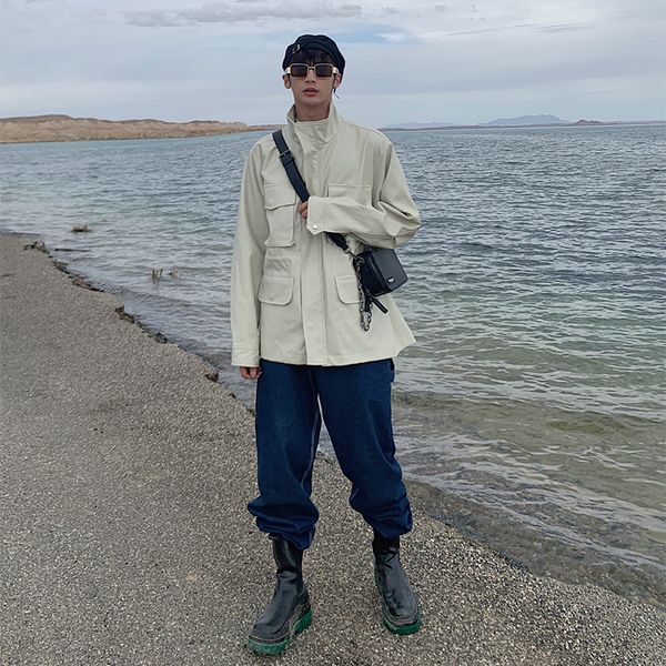 

2020 multiple pockets men japanese choreography vintage streetwear leather jacket outerwear n7d5, Black