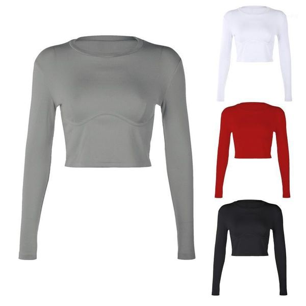 

women long sleeve o-neck t shirt ribbed striped solid color bodycon corset detail basic pullover streetwear1, White