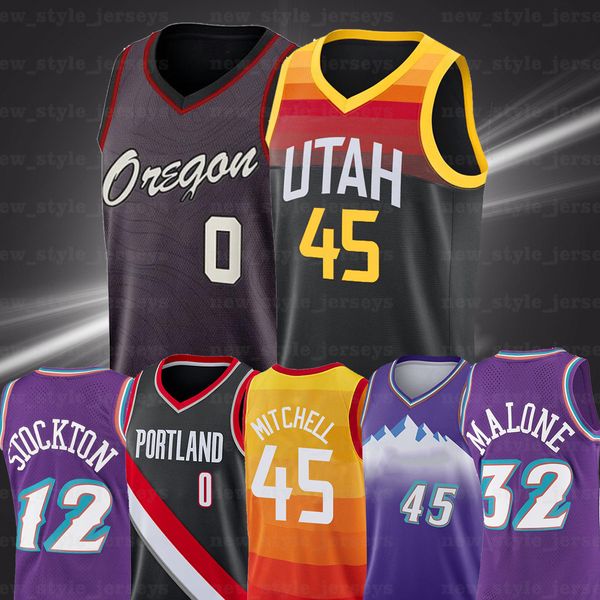 

damian 45 donovan lillard gobert malone 12 john men stockton 32 karl mitchell rudy utah jazz portland blazers basketball jerseys, Black;red