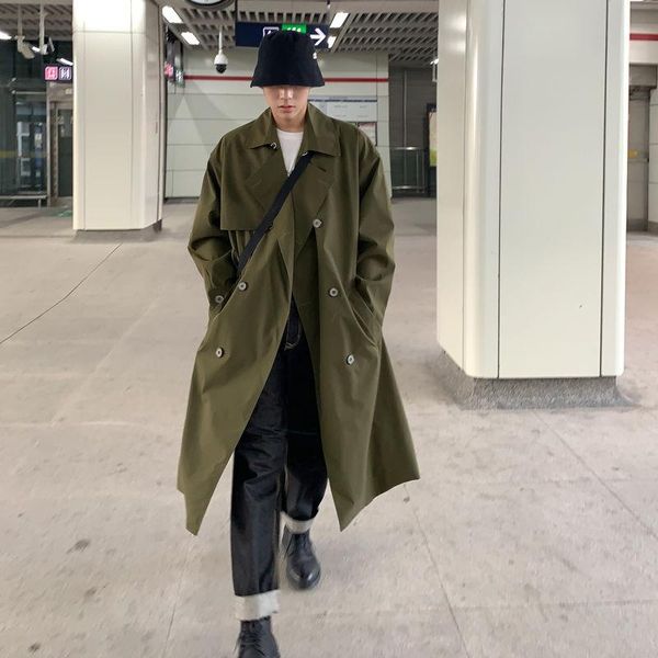 

men's trench coats 2021 casual 3-color male double breasted long loose jacket fashion large windbreaker lapel collar s-xl, Tan;black
