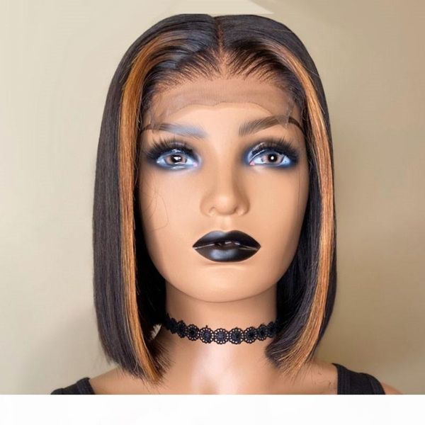 

highlight omber color 13*6*1 lace front middle part 150 density brazilian wig human hair blonde short bob glueless lace wigs, Black;brown