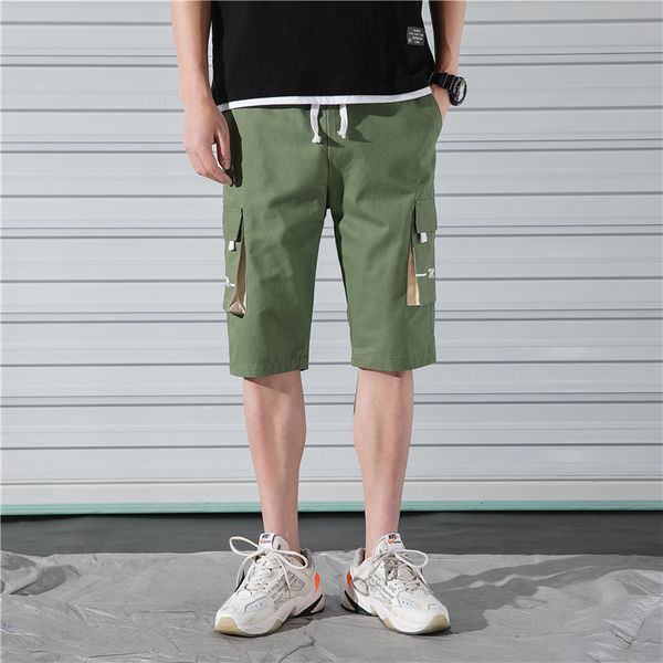 

multi bag cotton casual capris men's elastic slim waist pants, White;black