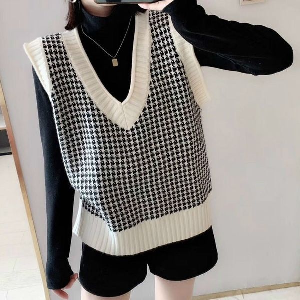 

waistcoat women sweater vest winter fashion knitted plaid sleeveless vintage vest female black red plus size clothing y201128, Black;white
