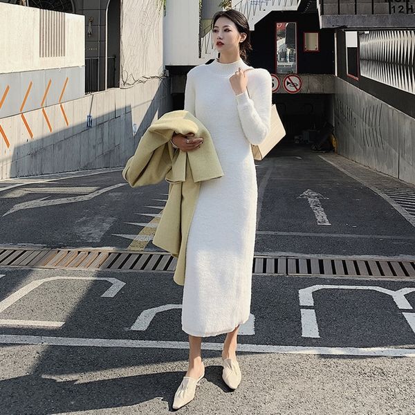 

b4twy f819 mink imitation one-piece bottomed cashmere skirtsweater and skirt long medium autumn winter 2020 women's wear over knee swea, Black;gray