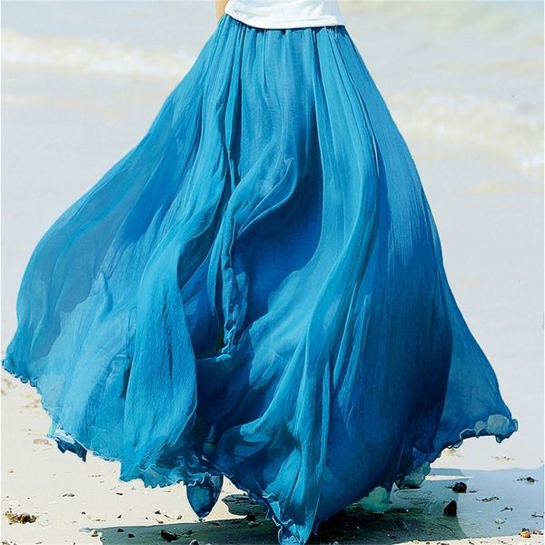 

2020 high waist women chiffon long skirts women beach summer boho maxi skirt saia longa faldas ruffles hem long skirt brand lj200820, Black