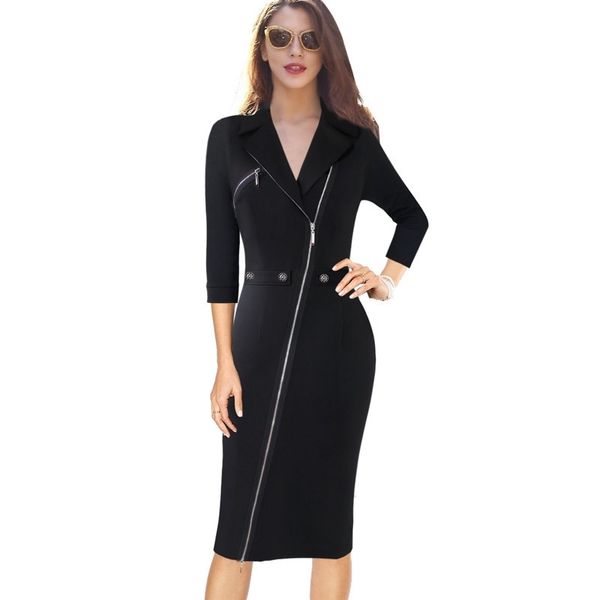 Vfemage Mulheres Sexy Elegante Lapela ASSymmetric Zip Moto botão Casual Trabalho Office Festa de Negócios Bodycon Vestido Bainha Vestido 10079 T200319