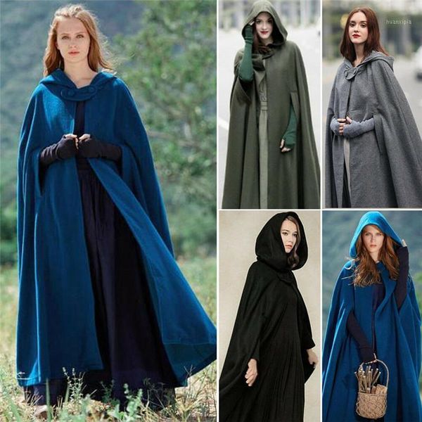 

women winter warm hooded wool blend long cape ponchos cloak long jacket costume poncho coat sleeve wind protection cape, Black