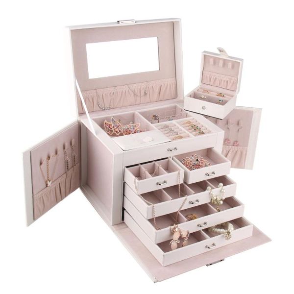 

jewelry pouches, bags white large box girls jewellery velvet storage organizer travel case watches holder gift necklaces rings earring displ, Pink;blue