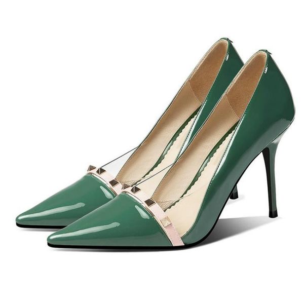 

women summer new rivet pointed toe thin heel shoes leather patent ladies high heels shoes party comfortable pumps, Black