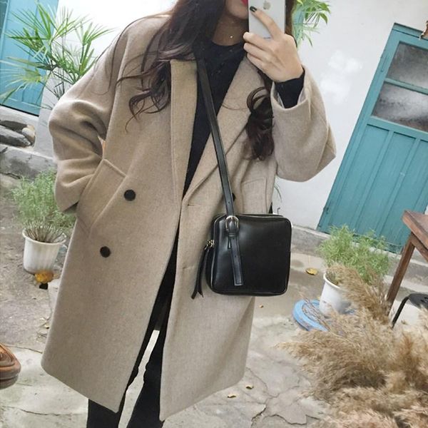 

women's wool & blends 2021 blend coat women long sleeve collar outwear jacket korean casual autumn winter elegant overcoat woolen, Black