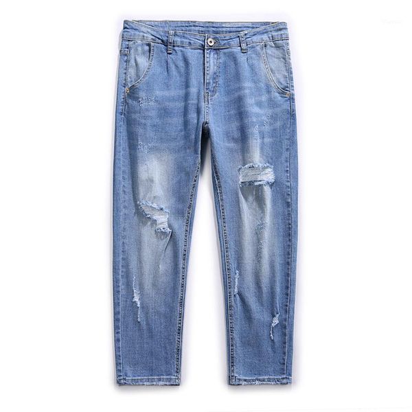 

summer new nine-point hole pants plus fat xl stretch harem pants loose and thin jeans jeans men1, Blue