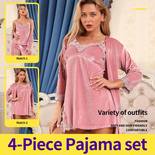 

4 pieces robe sets sleep lace robe sleepwear kit autumn winter pajamas sets women's bathrobe home wear suit nightwear, Black;red