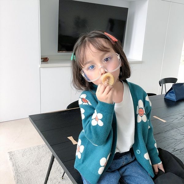 

autumn cute girls floral knitting cardigans kids children fashion all-match covering yarn single-breasted sweaters 201109, Blue