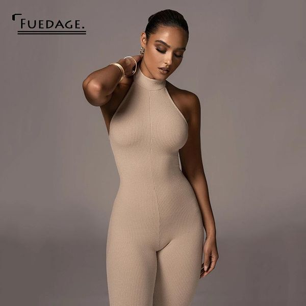 

fuedage backless halter women jumpsuit sleeveless skinny solid rompers female spring autumn high street casual playsuit, Black;white