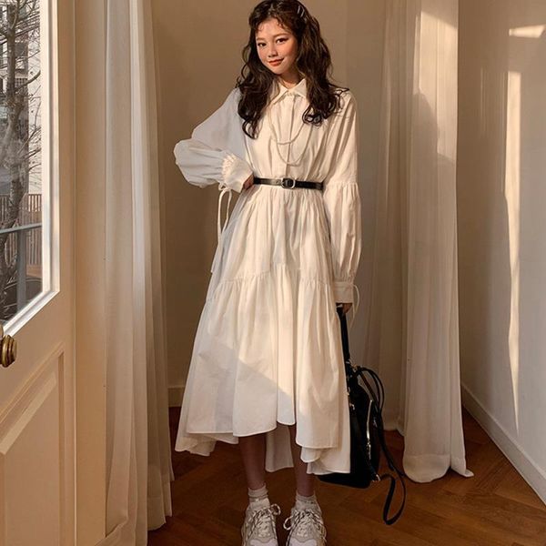 

2021 women spring autumn vintage fashion long sleeve loose casual white bandage dress female party elegant shirt dress cc253, Black;gray