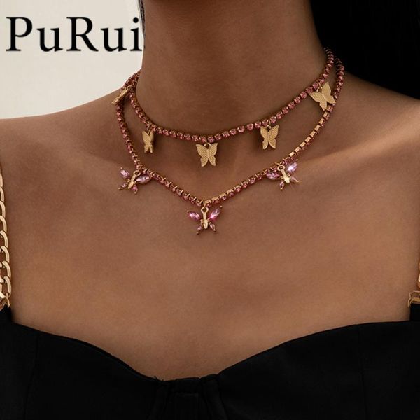 

boho charm bling pink crystal butterfly pendant choker necklace rhinestone tennis chain on the neck 2021 goth jewelry for women, Golden;silver