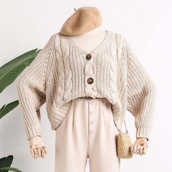 

vintage twist single-breasted cardigans casual women short bat sleeve knit coat autumn winter loose sweater outwear y200910, White;black