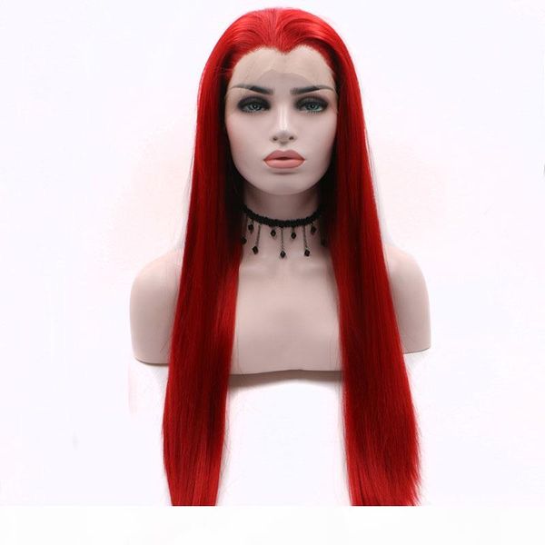 

red synthetic lace front wig long straight glueless color red synthetic lace wigs for women heat resistant fiber with baby hairs, Black