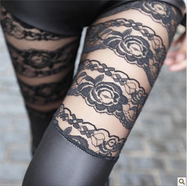 

fashion lace legging slim pencil pant lady floral leather leggings lady floral patchwork legging women autumn spring pants, Black