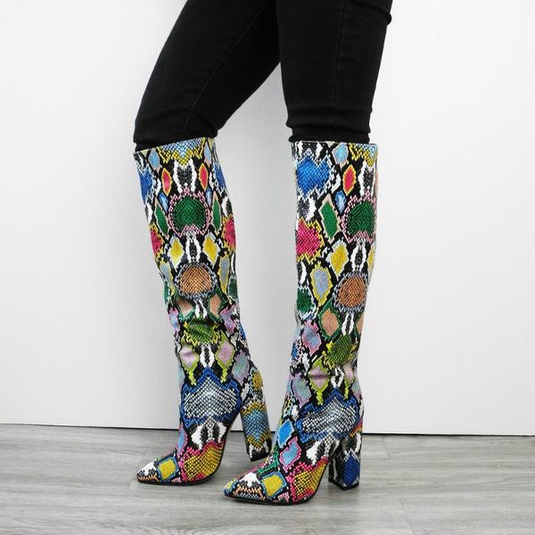 

multicolor snake print faux leather knee- high boots women 's thick heel pointed toe ladies long boots female high, Black