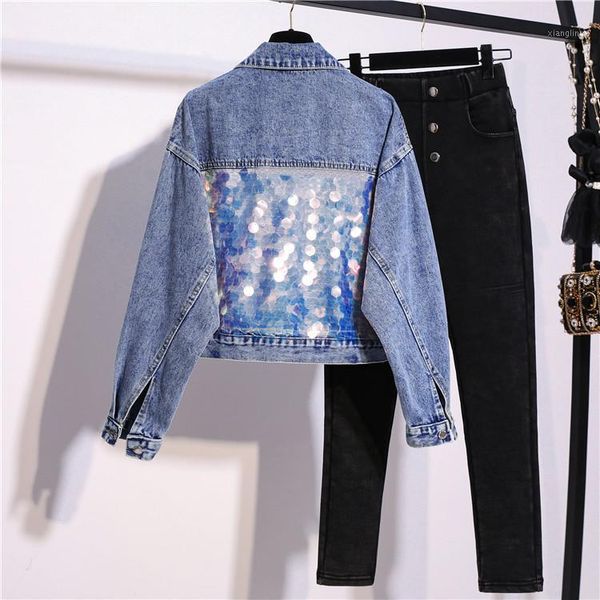 

the new female sequined jacket denim jacket1, Black;brown