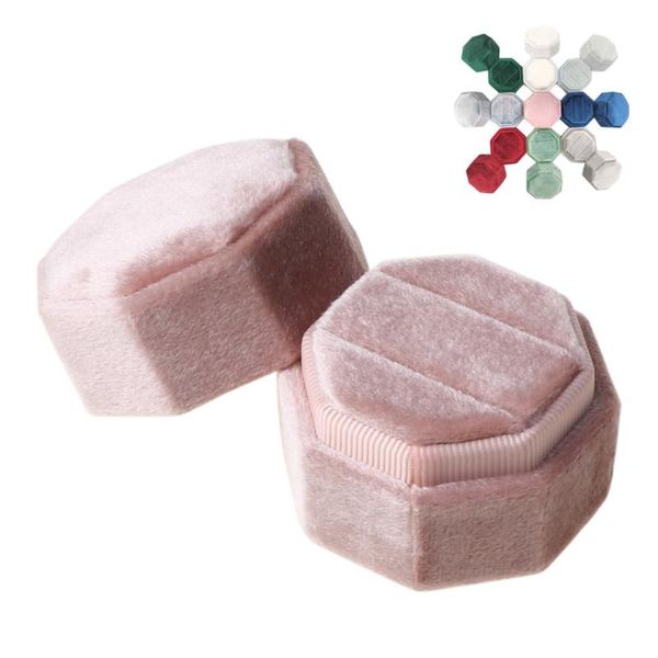 

velvet double ring box octagon wedding ceremony ring box with detachable lid, Pink;blue