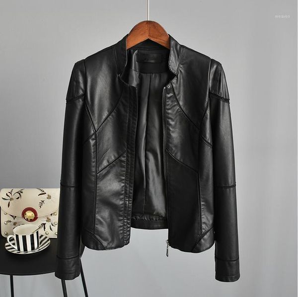 

coat new mesh spliced pu leather jacket women autumn slim short coat standing collar zipper handsome faux leather jacket1, Black