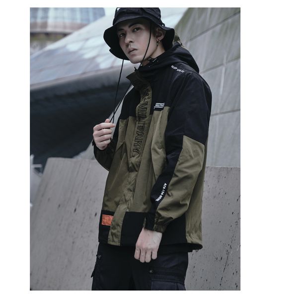 

2021 spring new military style men's hooded stormsuit splicing trend large size windbreaker jacket coat qill, Black;brown